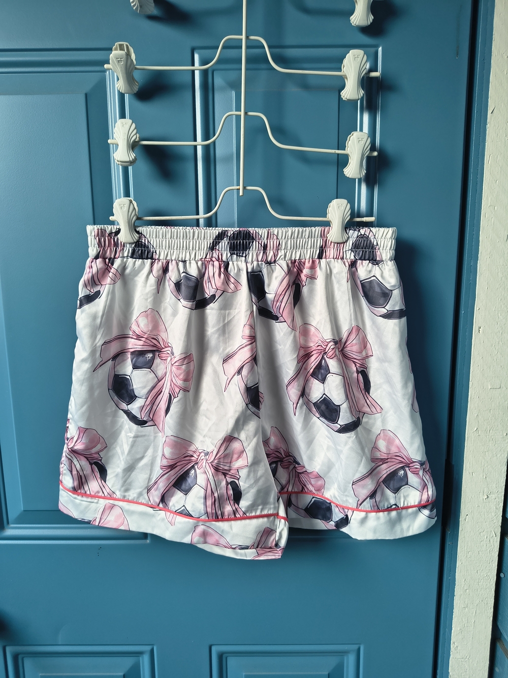 Women's White Satin Pajama Shorts with Pink Bow & Soccer Print